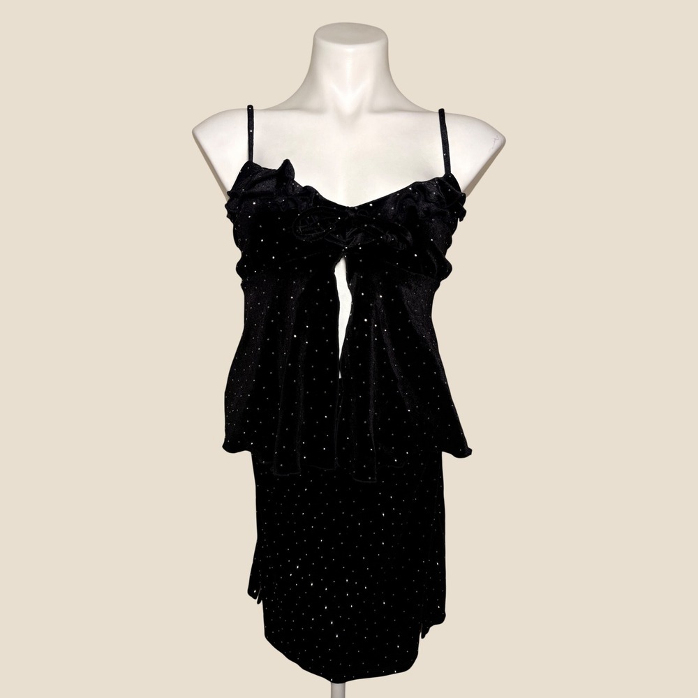 Y2K Frankee & Skylarr Black Velvet Rhinestone Peplum Top and Mini Skirt Set #14